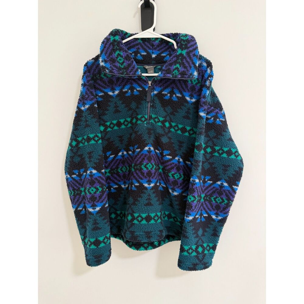 Vintage Eddie Bauer Aztec Print Sherpa Fleece Quarter Zip Pullover Women's M